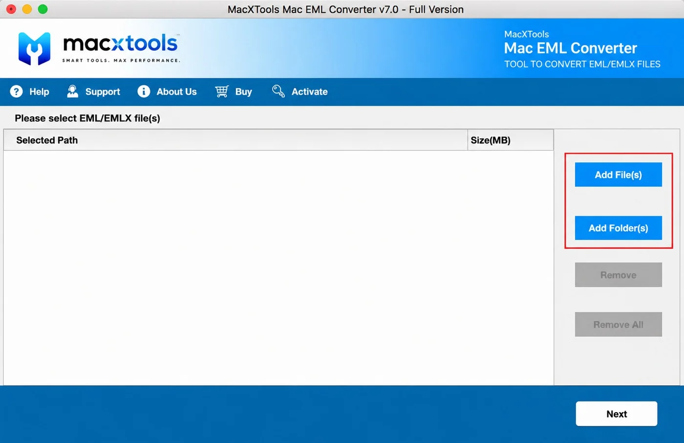 Add File and Add Folder buttons highlighted on the Mac EML Converter