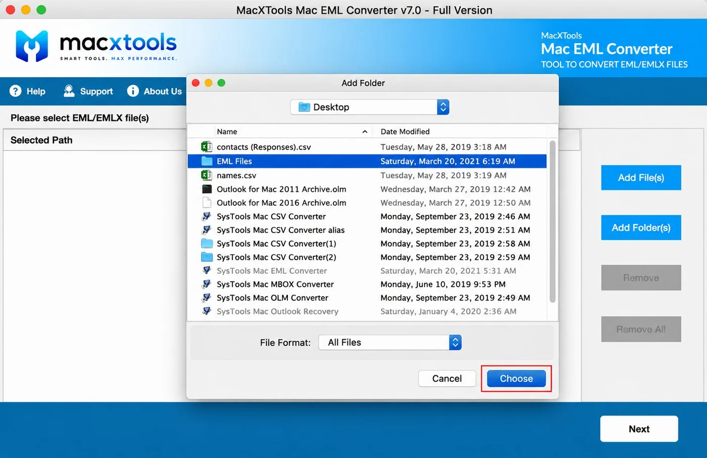 Add Folder picker showing a directory of EML files on the Mac desktop