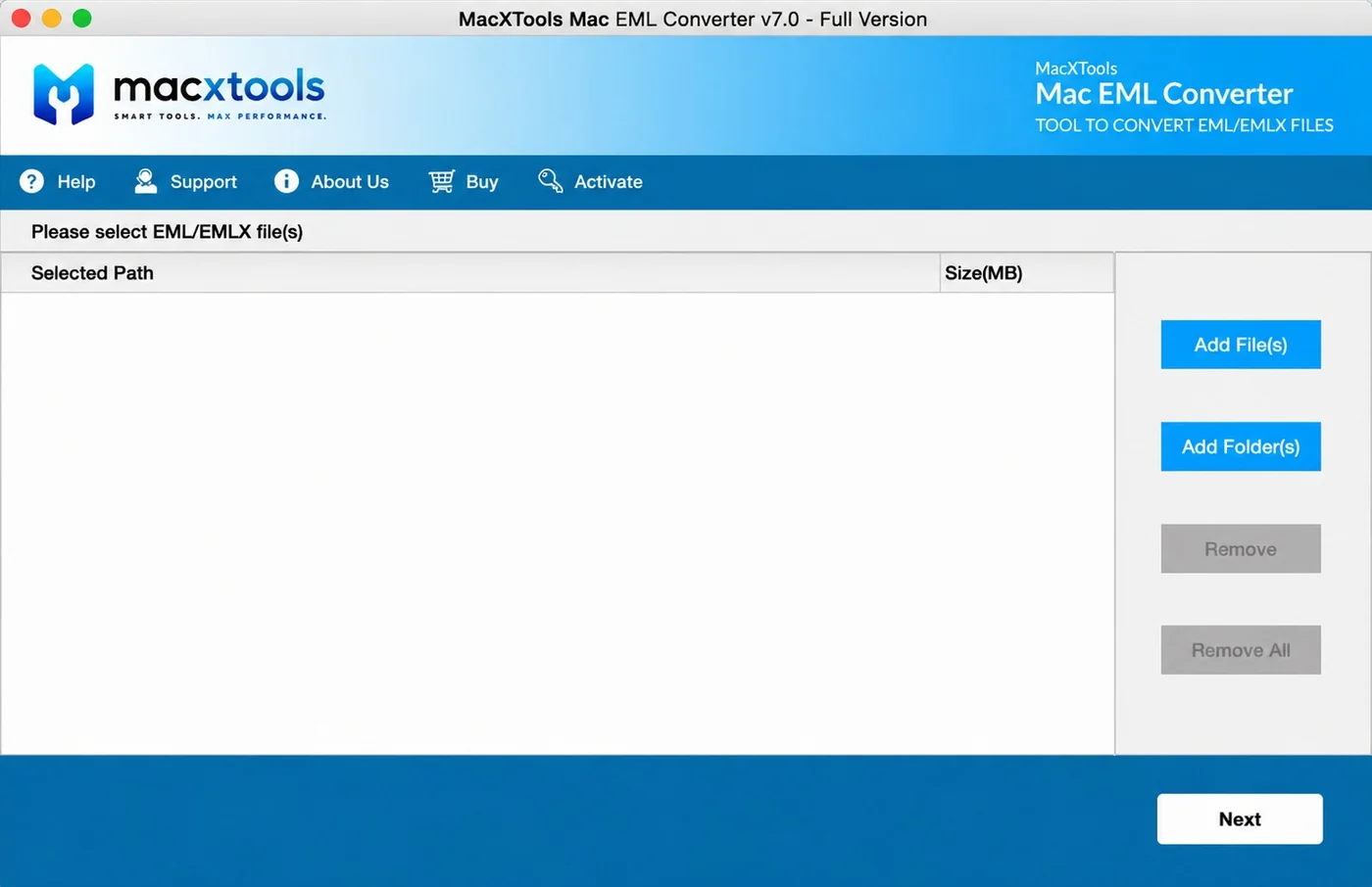 MacXTools Mac EML Converter file selection screen with an empty list