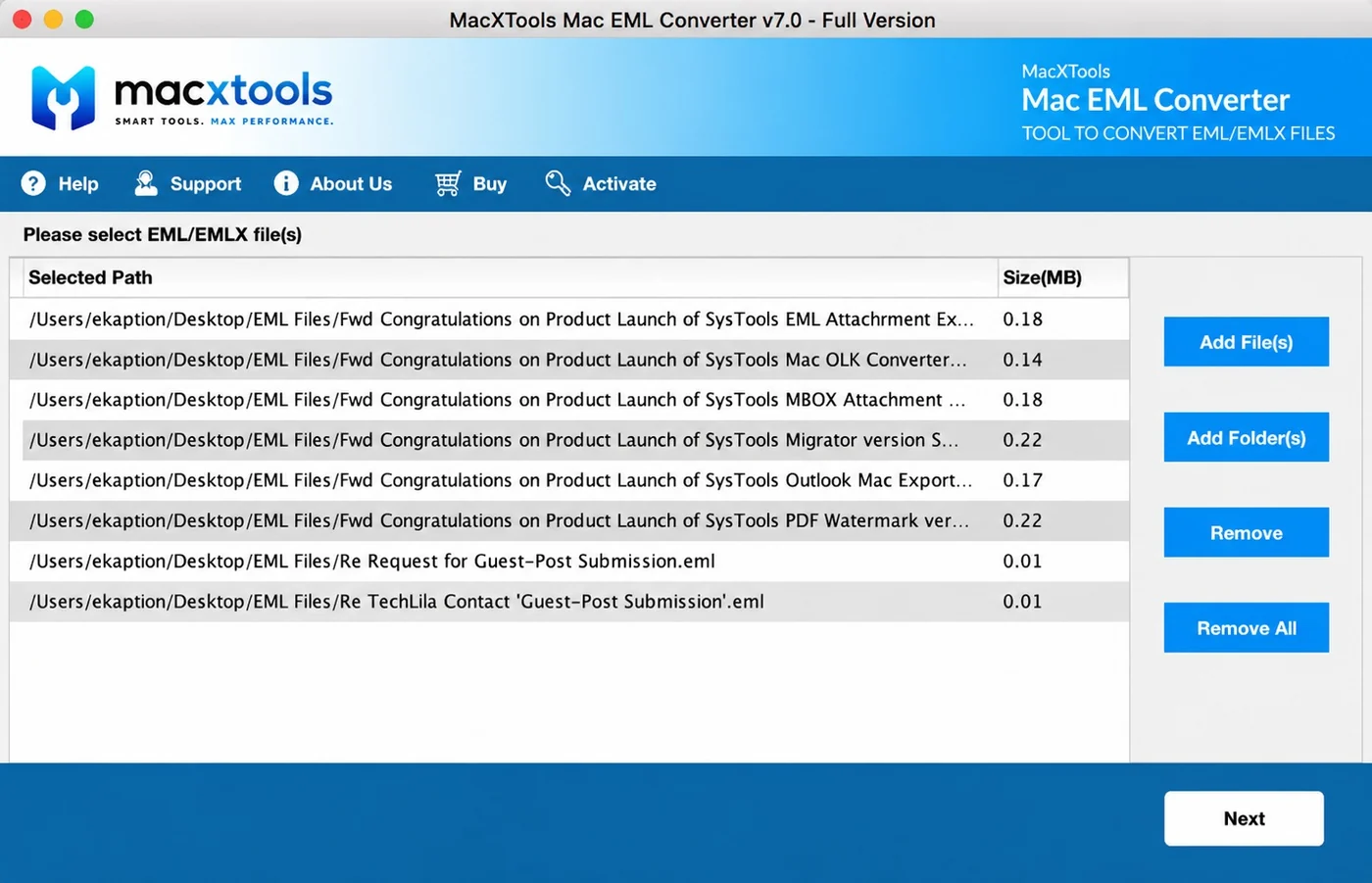 Eight EML files listed with full paths and sizes in the Mac EML Converter