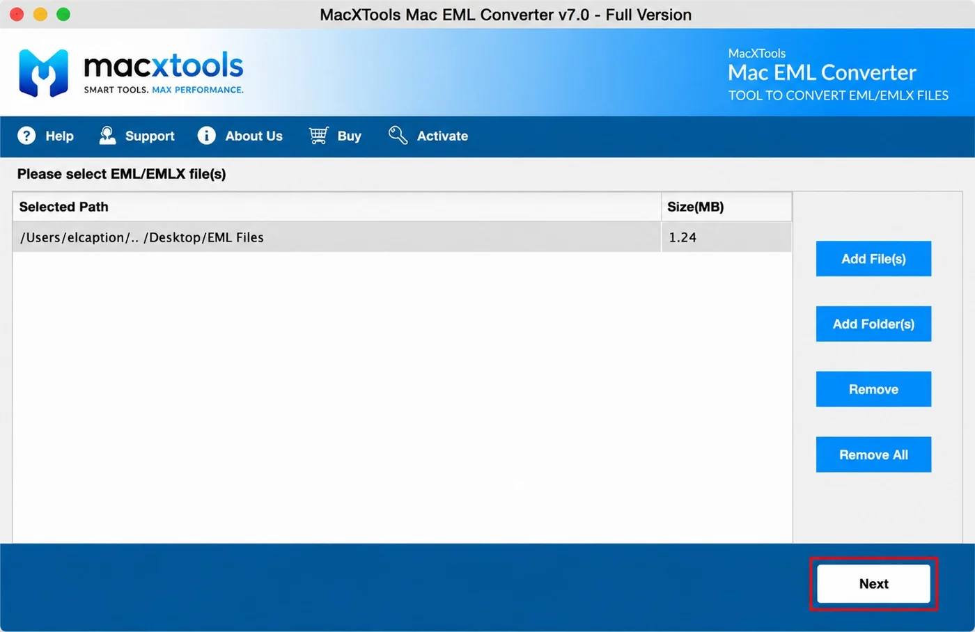 A whole EML folder loaded as one entry with a combined size of 1.24 MB