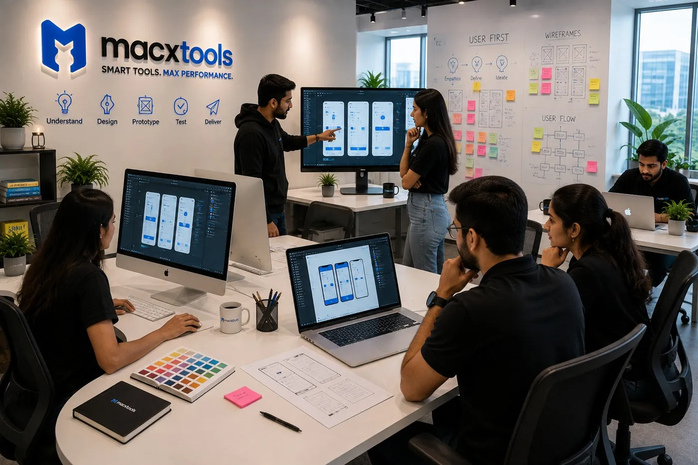 A design review session with wireframes on a whiteboard