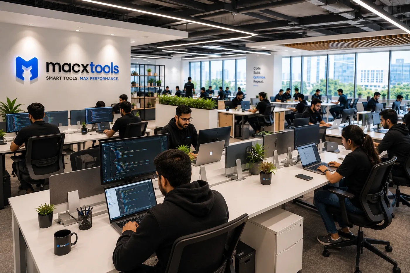 Developers working at desks on the MacXTools engineering floor
