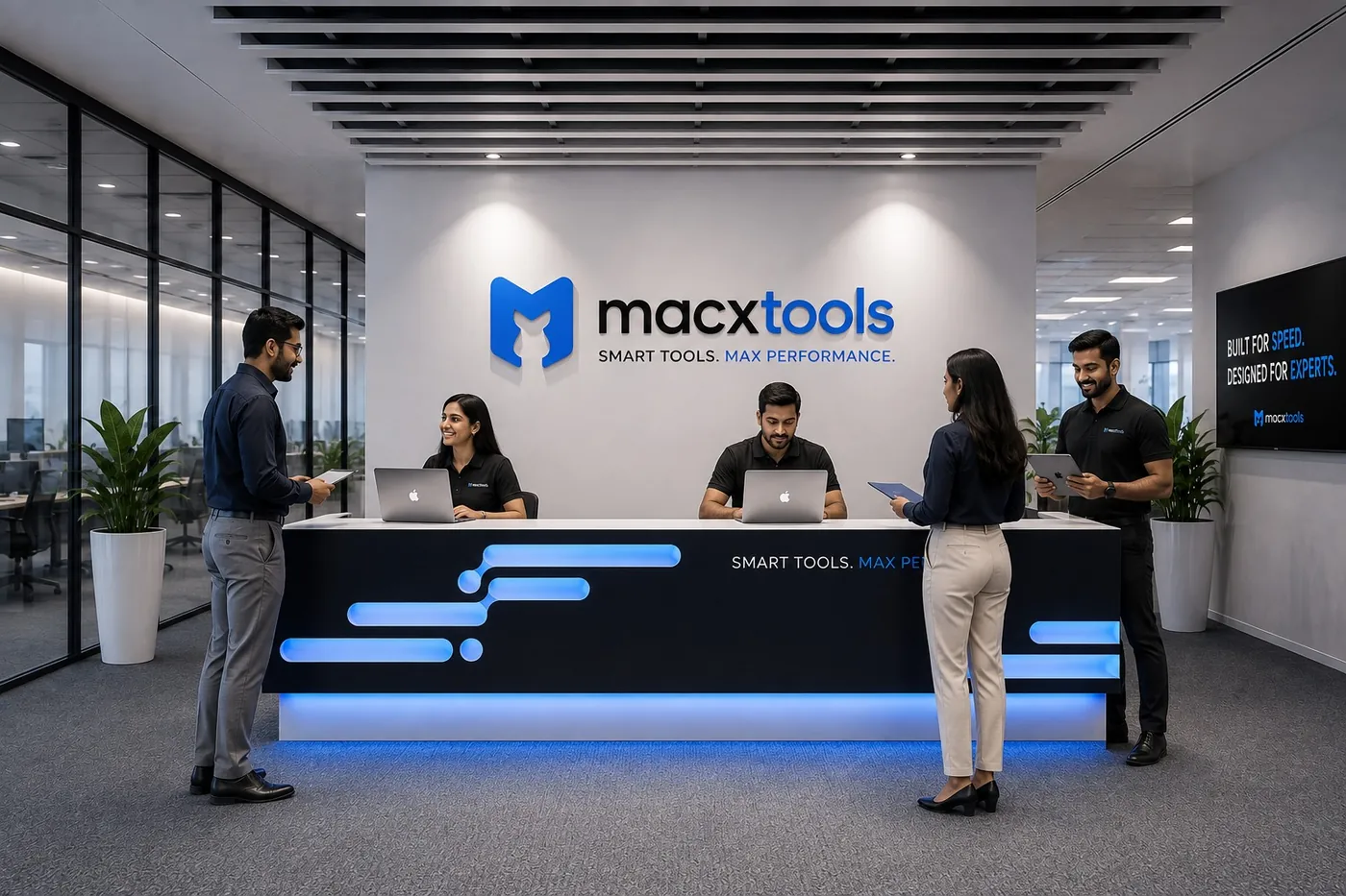 The reception desk at the MacXTools office in Dwarka, Delhi