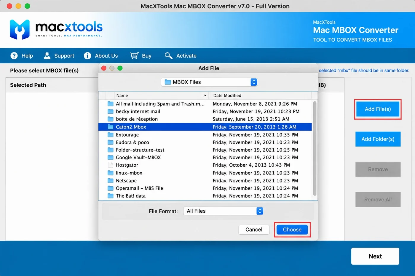 Add File picker in the Mac MBOX Converter with File Format set to All Files