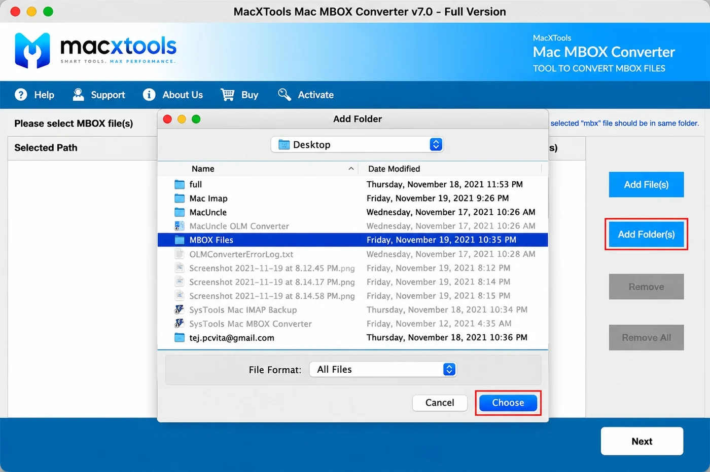 Add Folder picker in the Mac MBOX Converter selecting a directory of mailboxes