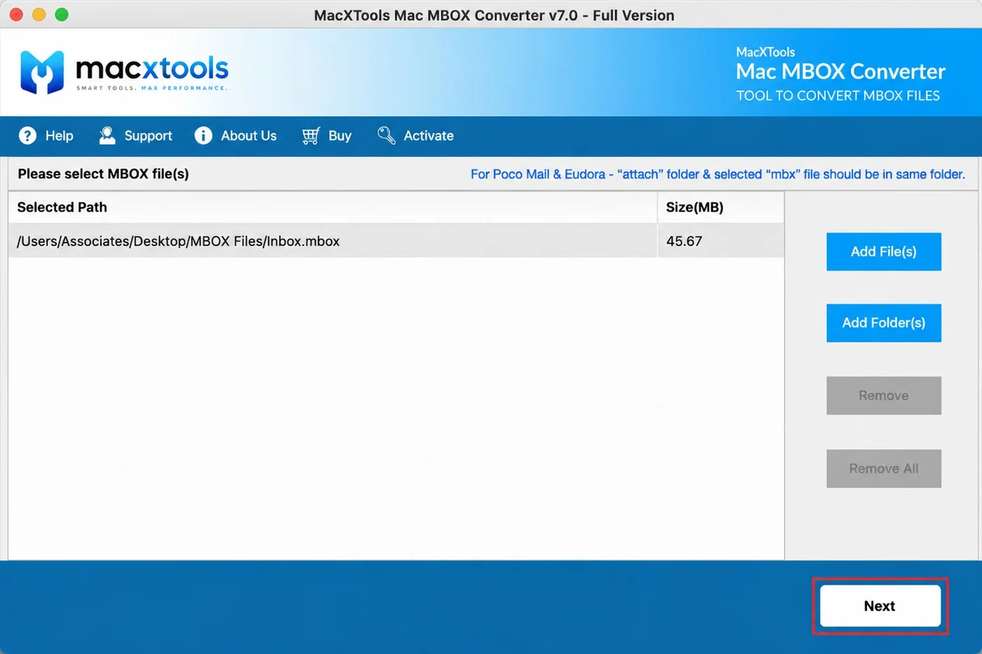 Mac MBOX Converter with one mailbox loaded and its size shown in megabytes