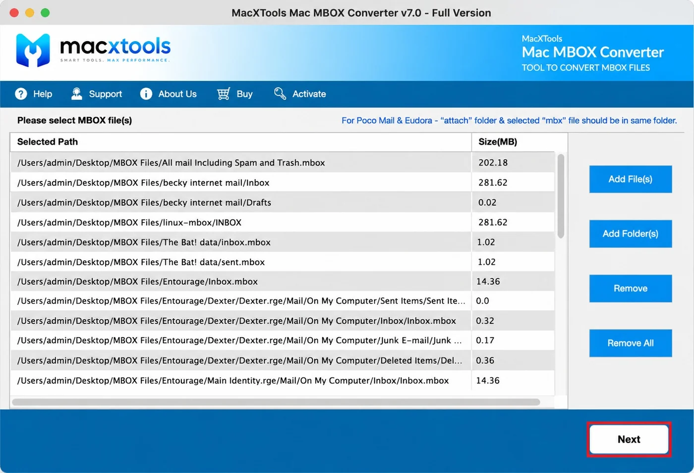 Load list in the Mac MBOX Converter showing nested mailbox paths with individual sizes
