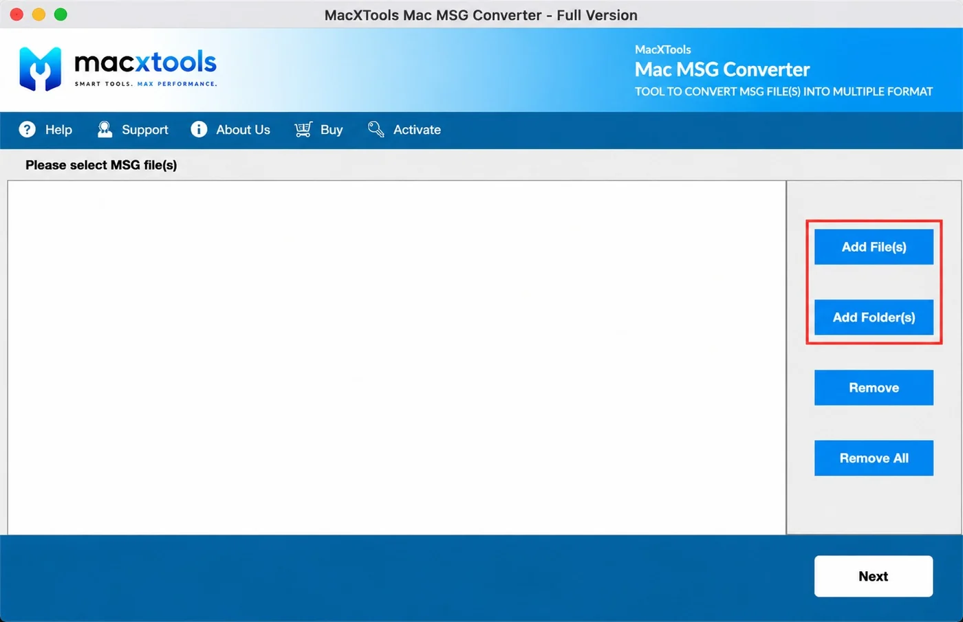 Add File and Add Folder buttons highlighted in the Mac MSG Converter
