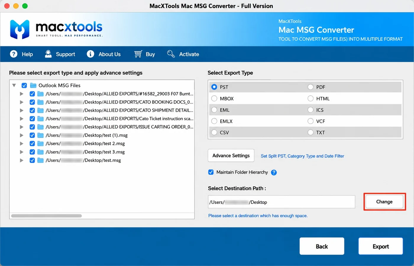 Export panel of the Mac MSG Converter showing ten export types and the advanced settings