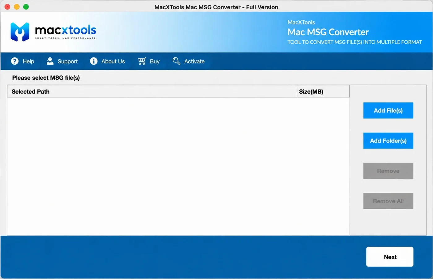 Mac MSG Converter opening screen with an empty selection list