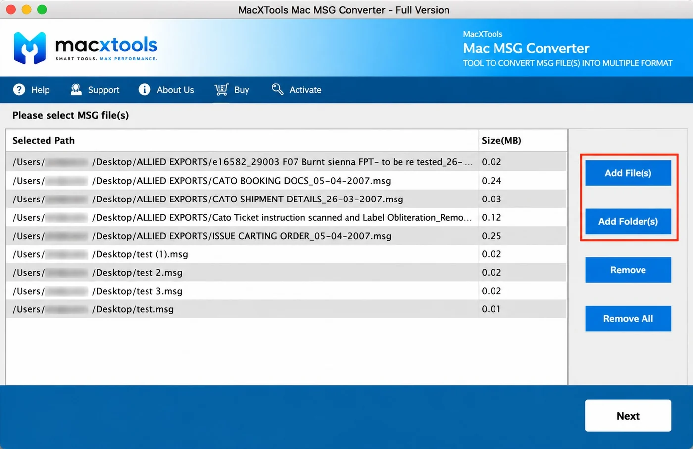 Nine Outlook MSG files queued with paths and sizes in the Mac MSG Converter