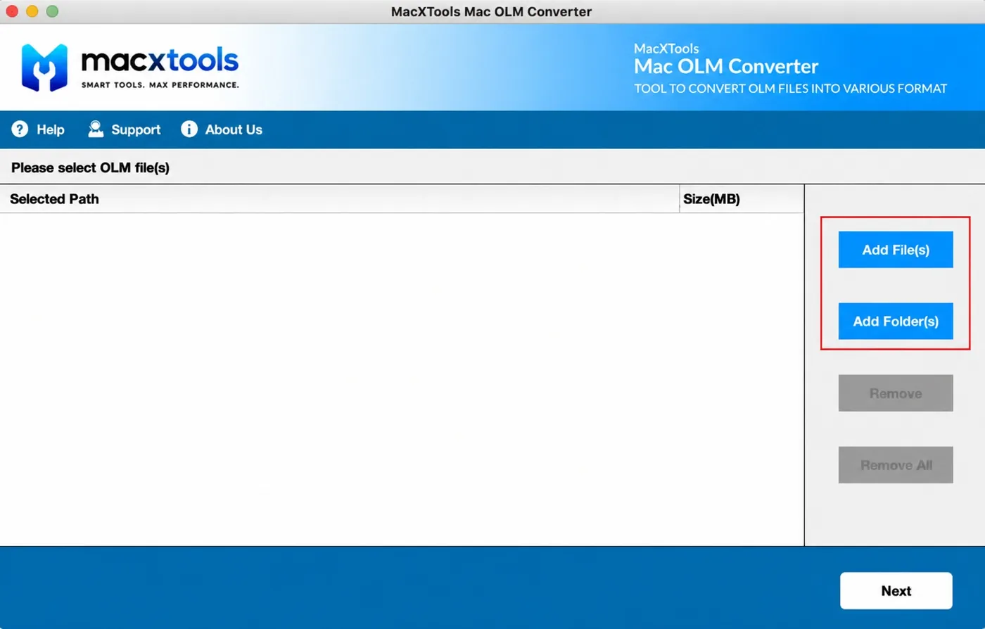 Add File and Add Folder buttons in the Mac OLM Converter