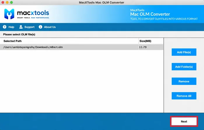 Batch queue in the Mac OLM Converter with the added archive listed before the next step
