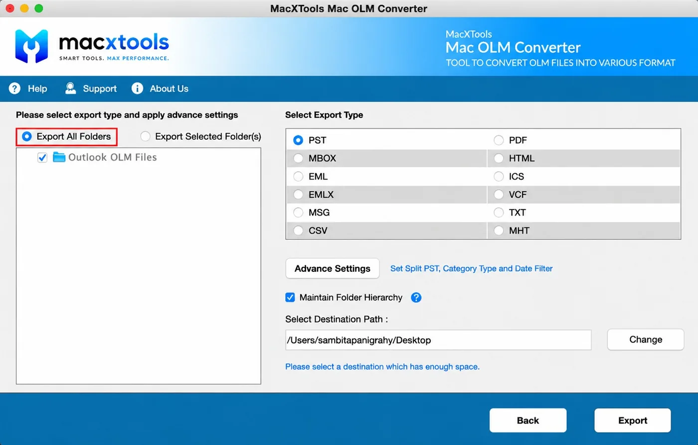 Export All Folders selected in the OLM converter for Mac beside Export Selected Folders