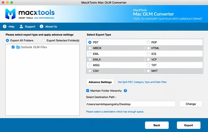 Export formats and destination path in the Mac OLM Converter before conversion starts