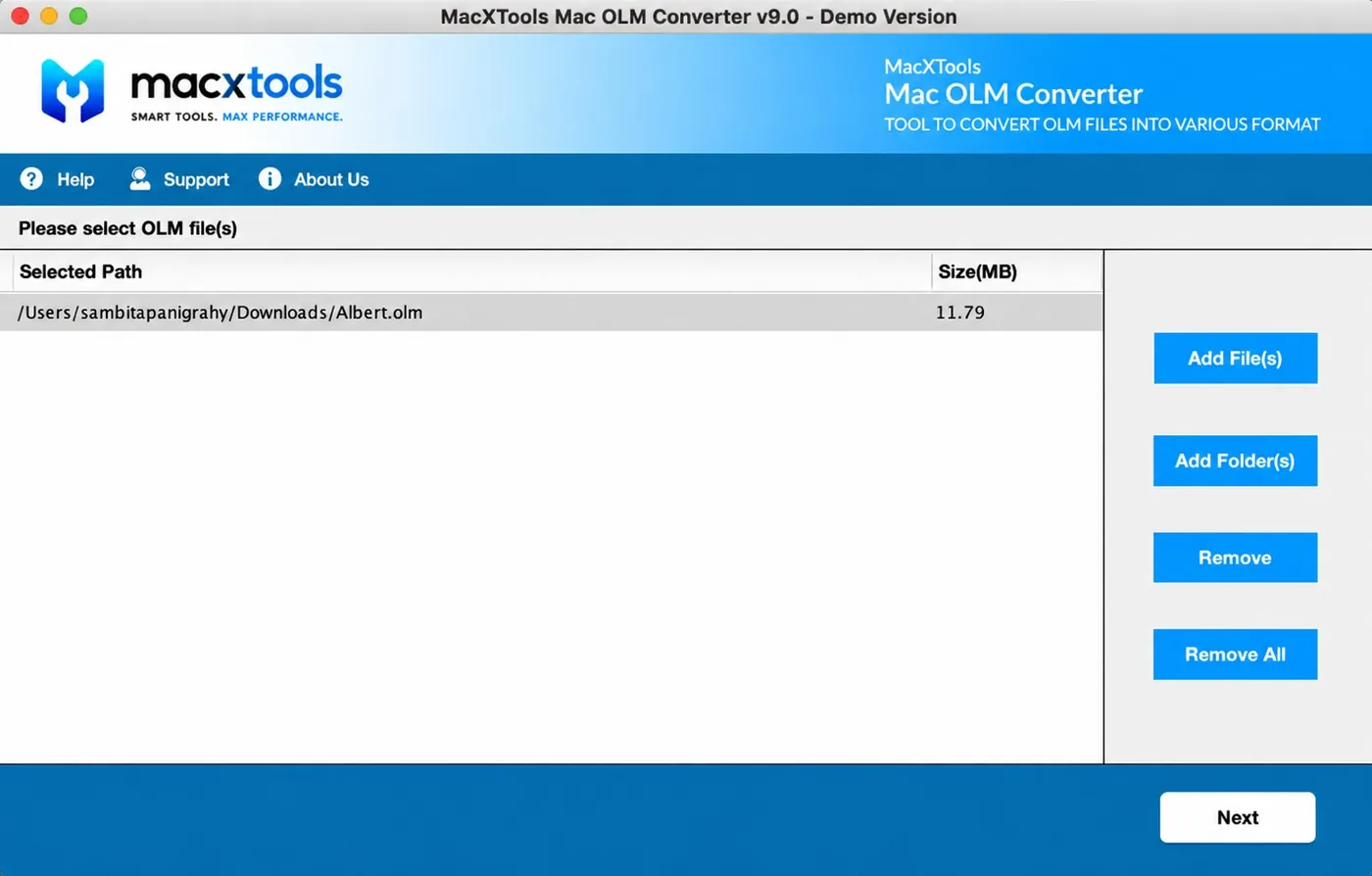 File queue in the OLM converter for Mac showing the selected OLM path and its size in MB