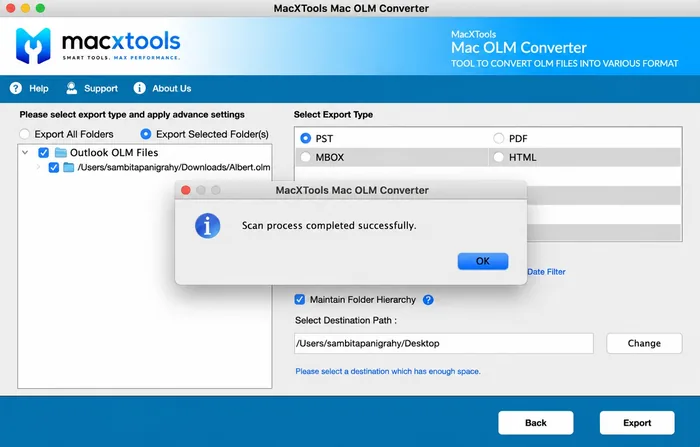 Scan complete folder tree in the OLM converter tool with individual folders ticked for export