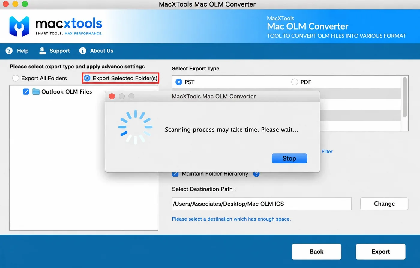 Scan progress dialog in the OLM converter tool with a Stop control on it