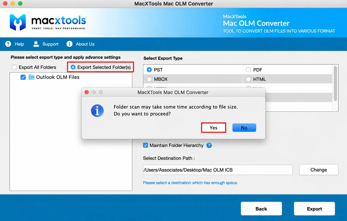 Scan prompt in the Mac OLM Converter asking whether to proceed with the folder scan