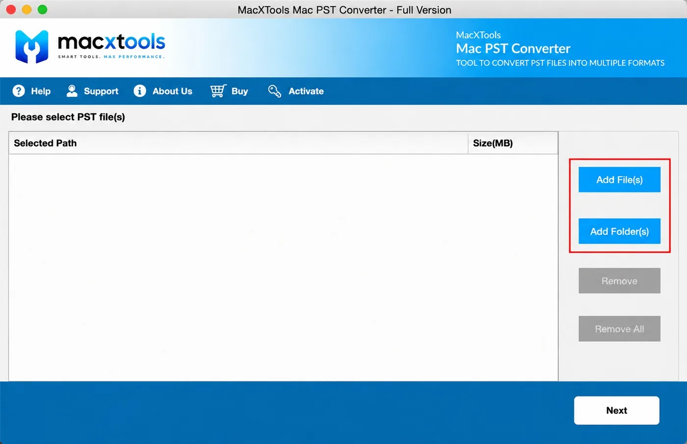 Mac PST Converter with both add buttons available before a file is loaded