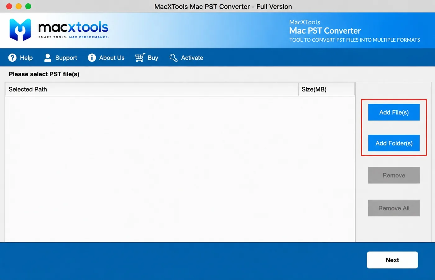 Add File and Add Folder buttons highlighted on the PST Converter