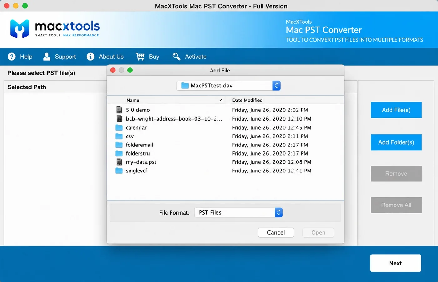 Add File dialog with the File Format dropdown set to PST Files