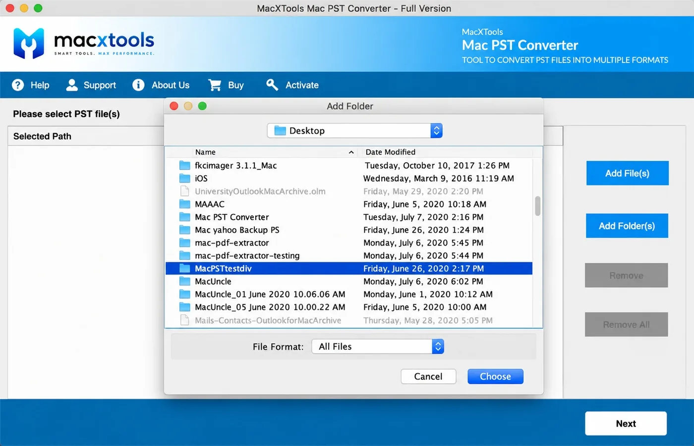 Add Folder picker showing a directory of PST files on the Mac desktop