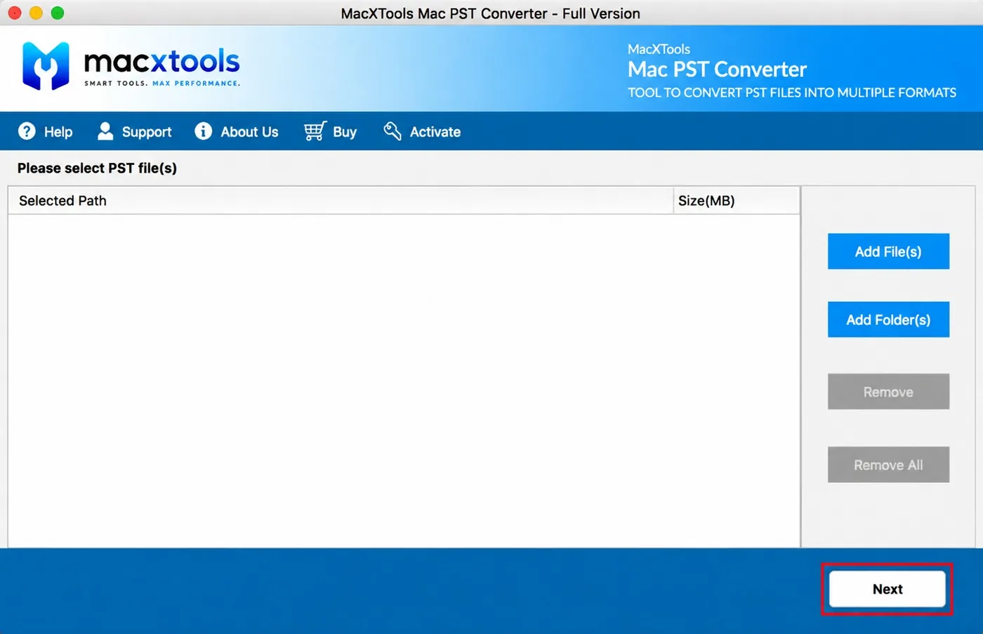 MacXTools Mac PST Converter file selection screen