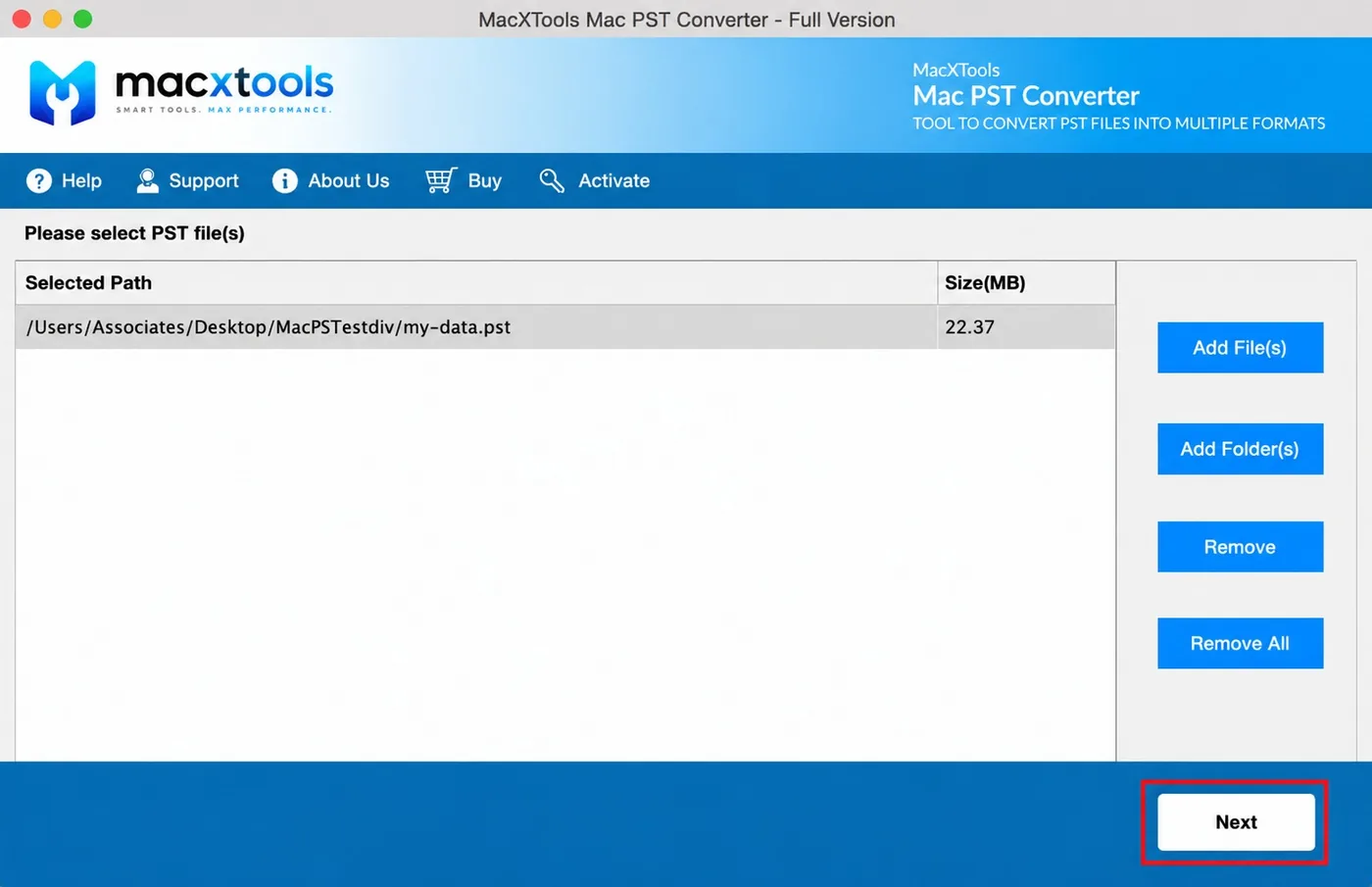 Loaded PST file listed with its full path and a size of 22.37 MB